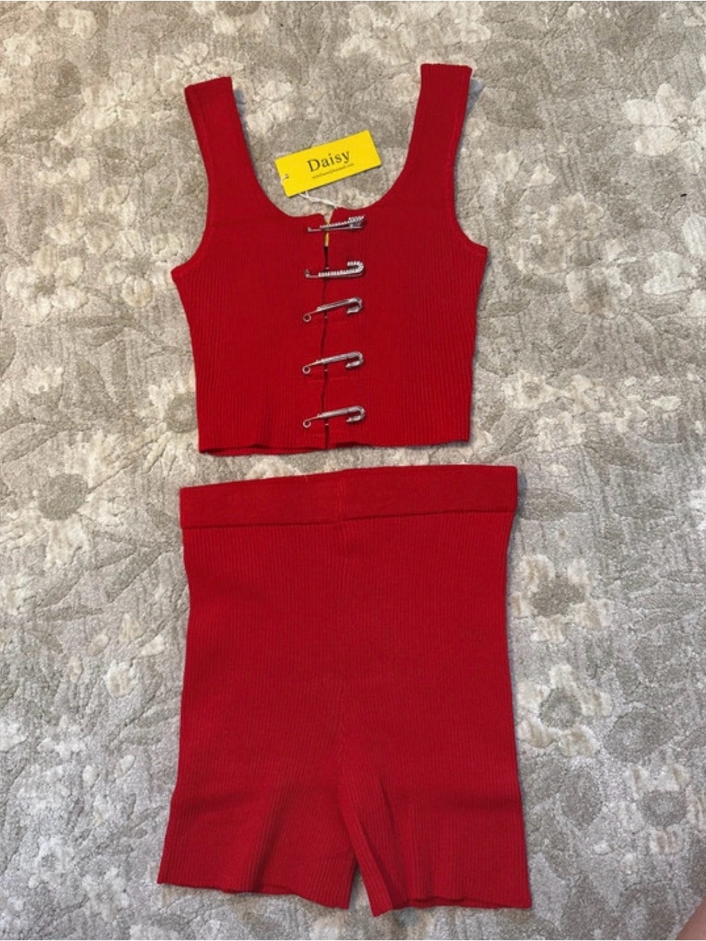 Daisy Red Ribbed Knit Tank & Shorts Two-Piece Set